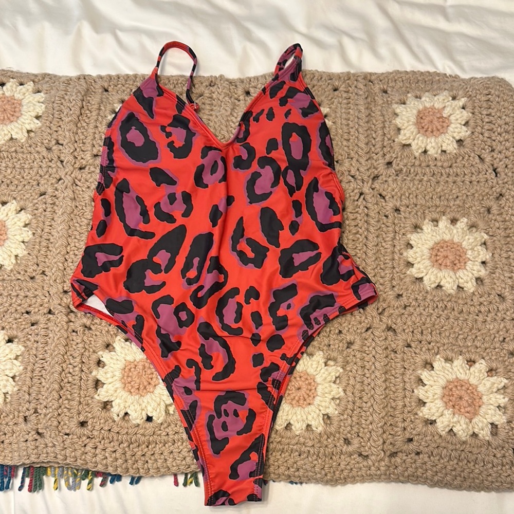 Red and Purple Leopard Print One Piece Swimsuit